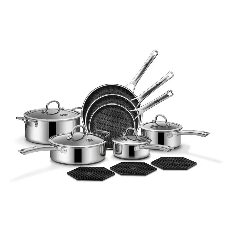 10-Pc & 14-Pc Hybrid Nonstick Stainless Steel Cookware Sets with Thermal Lids