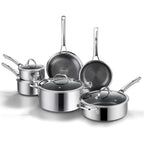 10-Pc & 14-Pc Hybrid Nonstick Stainless Steel Cookware Sets with Thermal Lids