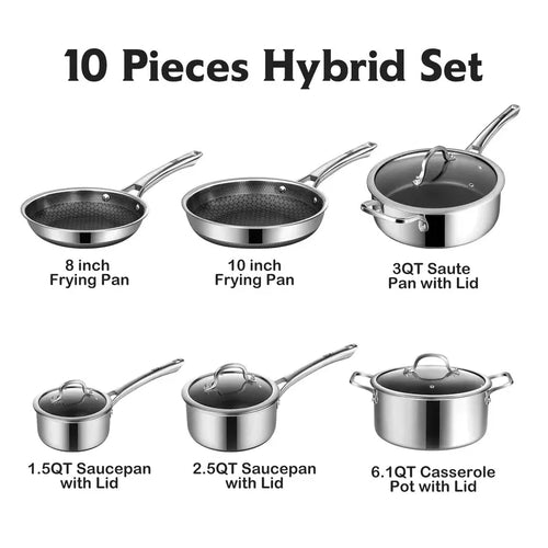 10-Pc & 14-Pc Hybrid Nonstick Stainless Steel Cookware Sets with Thermal Lids