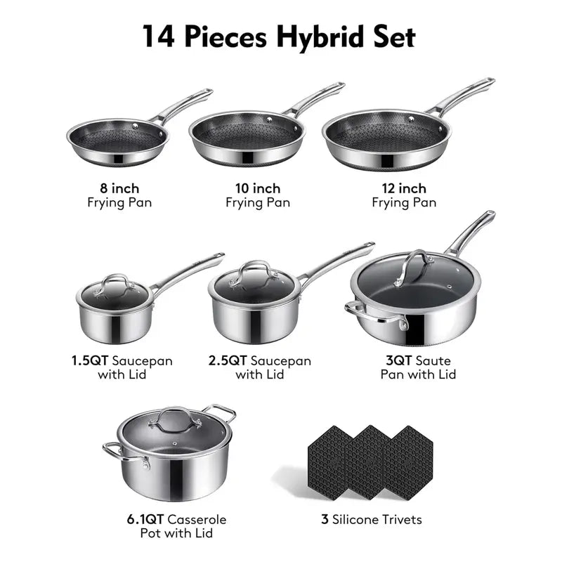 10-Pc & 14-Pc Hybrid Nonstick Stainless Steel Cookware Sets with Thermal Lids