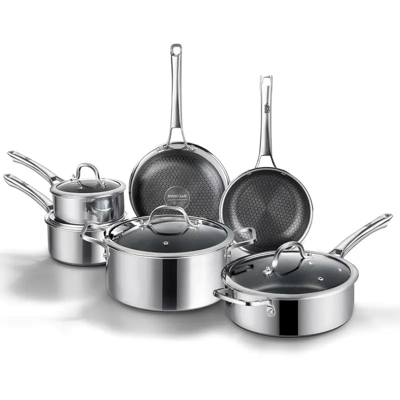 10-Pc & 14-Pc Hybrid Nonstick Stainless Steel Cookware Sets with Thermal Lids