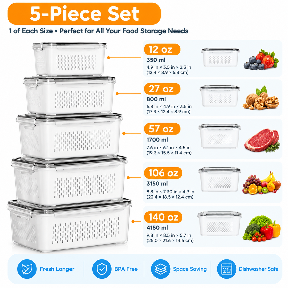 5-Pack Stackable Fridge Storage Containers