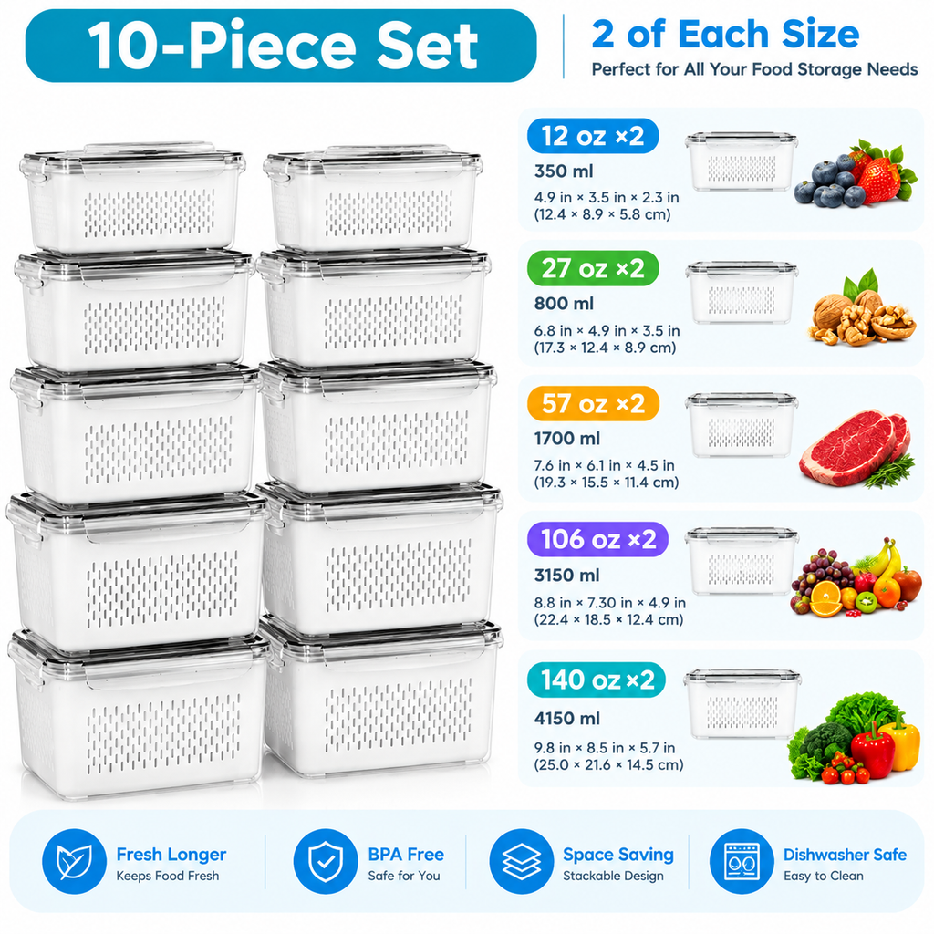 5-Pack Stackable Fridge Storage Containers