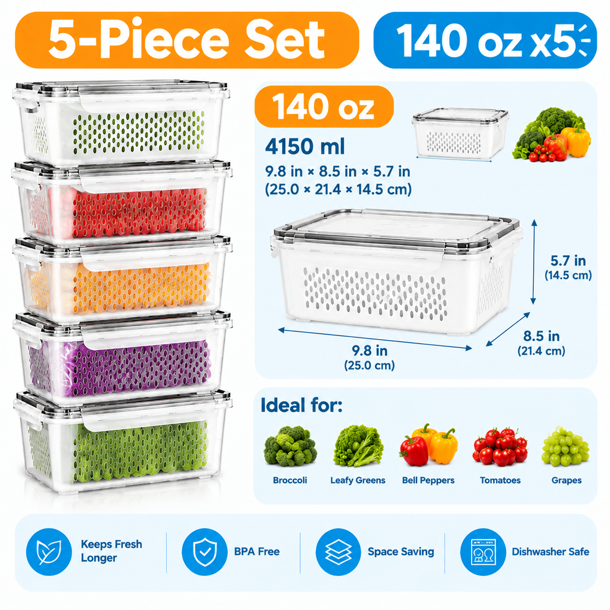 5-Pack Stackable Fridge Storage Containers