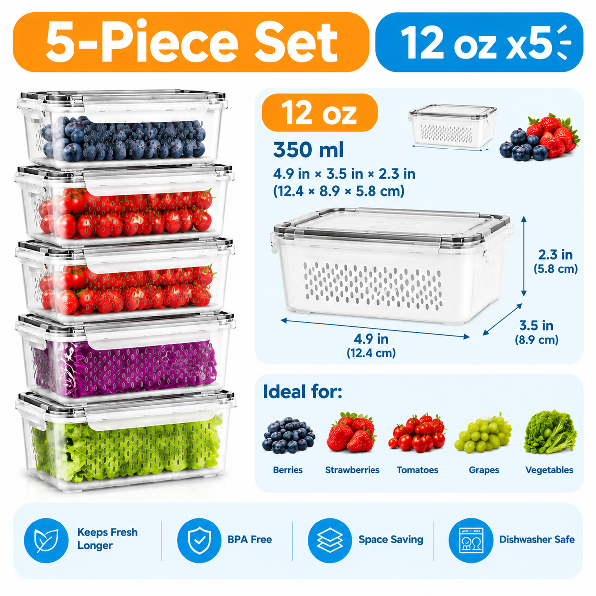 5-Pack Stackable Fridge Storage Containers